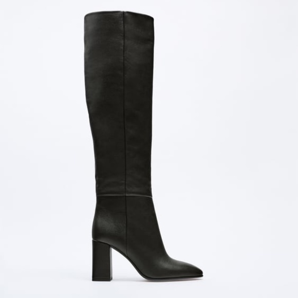Zara LEATHER HEELED KNEE HIGH BOOTS - Picture 1 of 5